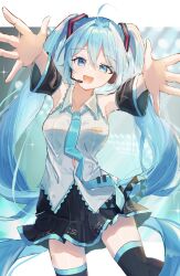 Rule 34 | 1girl, absurdres, ahoge, armpits, black skirt, black sleeves, black thighhighs, blue background, blue eyes, blue hair, blue necktie, breasts, collared shirt, commentary, cowboy shot, detached sleeves, hair between eyes, hatsune miku, highres, incoming hug, long hair, looking at viewer, medium breasts, microphone, miniskirt, necktie, open mouth, shirt, simple background, skirt, sleeveless, sleeveless shirt, smile, solo, standing, thighhighs, twintails, very long hair, vocaloid, wing collar, yuuna (vhux2273)