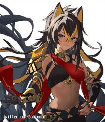 1girl armor artist_name bantomin belt black_hair blue_eyes breasts closed_mouth commentary_request crossed_bangs dehya_(genshin_impact) genshin_impact hair_between_eyes hair_ears highres looking_at_viewer medium_breasts midriff red_nails shoulder_armor simple_background smile solo twitter_username upper_body white_background