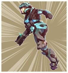 1girl assault_visor black_gloves clenched_hand commentary emphasis_lines english_commentary gloves grenade_launcher gun halo:_reach halo_(series) highres holding holding_gun holding_weapon knife pouch ruben_menzel running science_fiction sheath sheathed solo spartan_(halo) weapon