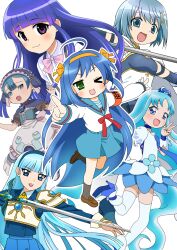 1boy 5girls :3 armband armor bad_id bad_pixiv_id black_socks black_suspenders blue_capelet blue_choker blue_corset blue_dress blue_eyes blue_flower blue_footwear blue_hair blue_hairband blue_sailor_collar blue_skirt bow bowtie brown_footwear cape capelet choker closed_mouth color_connection corset cosplay cure_marine dress flower frilled_dress frilled_wrist_cuffs frills furude_rika green_eyes hair_between_eyes hair_ornament hairband heartcatch_precure! highres higurashi_no_naku_koro_ni holding holding_sword holding_weapon izumi_konata kurumi_erika light_blush long_hair looking_at_viewer lucky_star made_in_abyss magic_knight_rayearth magical_girl mahou_shoujo_madoka_magica mai_shokuniku maruruk miki_sayaka miki_sayaka_(magical_girl) mole mole_under_eye multiple_girls open_mouth orange_hairband orange_ribbon outline pink_bow pink_bowtie precure puffy_short_sleeves puffy_sleeves purple_eyes red_armband red_ribbon ribbon ryuuzaki_umi sailor_collar school_uniform serafuku shirt short_hair short_sleeves simple_background skirt smile socks suzumiya_haruhi suzumiya_haruhi_(cosplay) sword v weapon whistle whistle_around_neck white_background white_cape white_outline white_serafuku white_shirt wrist_cuffs yellow_pupils