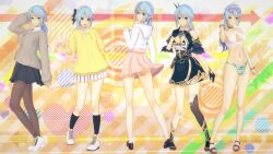 3d blue_hair breasts cleavage ellenlaire etain_(mabinogi) green_eyes highres hood hoodie koikatsu_(medium) low_ponytail mabinogi multiple_views ponytail thighhighs