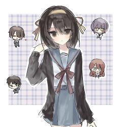 2boys 3girls asahina_mikuru black_cardigan black_hair blue_sailor_collar blue_skirt blush_stickers brown_eyes cardigan chibi closed_eyes commentary grid_background hair_ribbon heart highres kita_high_school_uniform koizumi_itsuki kyon long_hair looking_at_viewer multiple_boys multiple_girls nagato_yuki purple_hair red_hair reiovo_o ribbon sailor_collar school_uniform short_hair skirt suzumiya_haruhi suzumiya_haruhi_no_yuuutsu winter_uniform yellow_ribbon