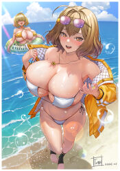 2girls ahoge anis_(nikke) anis_(sparkling_summer)_(nikke) artist_name bikini blonde_hair blue_sky blush breasts cleavage cloud cloudy_sky collarbone commentary_request day elegg_(nikke) fingernails goddess_of_victory:_nikke hair_between_eyes hair_ornament hair_over_eyes highleg highleg_bikini highres huge_breasts innertube jacket jewelry long_sleeves looking_at_viewer multiple_girls navel necklace o-ring o-ring_swimsuit ocean off_shoulder open_clothes open_jacket open_mouth outdoors partially_submerged pulling_own_clothes sand shiny_skin shore short_hair side-tie_bikini_bottom signature sky sunglasses sunlight swim_ring swimsuit teeth toeless_legwear toes tomo_eokaiteru upper_teeth_only water water_drop