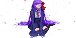 1473ex 1girl arm_support bb_(fate) bb_(fate/extra) black_coat black_skirt black_thighhighs breasts coat fate/extra fate/extra_ccc fate_(series) gloves hair_ribbon high-waist_skirt highres large_breasts leotard long_hair long_sleeves looking_at_viewer neck_ribbon on_ground open_clothes open_coat petals purple_eyes purple_hair red_ribbon ribbon shadow sitting skirt solo thighhighs thighs very_long_hair white_background white_gloves white_leotard