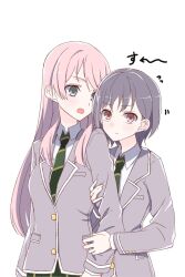 2girls arm_hug arms_at_sides arrow_(symbol) bang_dream! bang_dream!_it&#039;s_mygo!!!!! behind_another black_hair blush breast_pocket brown_eyes buttons chihaya_anon closed_mouth collared_shirt commentary_request diagonal-striped_clothes diagonal-striped_necktie flying_sweatdrops green_necktie green_skirt grey_eyes grey_jacket gumoyu hands_up haneoka_school_uniform highres jacket long_hair long_sleeves looking_at_another looking_at_viewer looking_to_the_side motion_lines multiple_girls necktie open_mouth pink_hair plaid_clothes plaid_skirt pocket school_uniform shirt short_hair simple_background skirt striped_clothes takamatsu_tomori translation_request upper_body v-shaped_eyebrows white_background white_shirt yuri