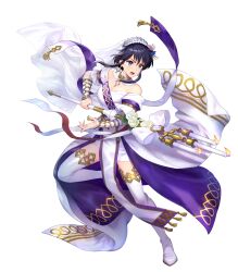 Rule 34 | 1girl, attack, black hair, breasts, bridal veil, candle, candlestand, cleavage, dress, fighting stance, fire emblem, fire emblem: genealogy of the holy war, fire emblem heroes, high heels, highres, holding, holding candle, larcei (bride) (fire emblem), larcei (fire emblem), medium breasts, nintendo, non-web source, official alternate costume, official art, open mouth, pelvic curtain, purple dress, purple eyes, short hair, short hair with long locks, solo, thighhighs, two-sided dress, two-sided fabric, veil, white dress