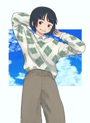 1girl arai_summer9 argyle_clothes argyle_sweater arms_behind_back arms_up black_eyes black_hair blush cloud cloudy_sky collared_shirt commentary english_commentary grin highres long_sleeves looking_to_the_side original pants shirt shirt_tucked_in short_hair sky smile solo sweater