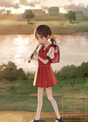 Rule 34 | 1girl, antenna hair, ascot, backpack, bag, black shoes, brown hair, collared shirt, commentary, ctd 114, flute, full body, grass, highres, holding, holding instrument, instrument, kaai yuki, kneehighs, mary janes, medium hair, outdoors, plaid ascot, plaid clothes, pleated skirt, rabbit charm, randoseru, recorder, red ascot, red skirt, red vest, school uniform, shirt, shoes, short sleeves, skirt, skirt set, socks, solo, symbol-only commentary, vest, vocaloid, walking, watermark, white shirt, white socks