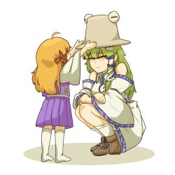 2girls ahoge bare_shoulders blonde_hair brown_shoes closed_eyes closed_mouth collared_shirt detached_sleeves double-parted_bangs frilled_hair_tubes frills frog_hair_ornament green_hair hair_ornament hair_ribbon hair_tubes hairclip height_difference highres kneehighs kochiya_sanae long_hair long_sleeves moriya_suwako multiple_girls onionmay patterned_clothing pleated_skirt purple_skirt purple_vest pyonta red_ribbon ribbon shirt shoes simple_background single_hair_tube single_sidelock skirt sleeve_ribbon sleeveless sleeveless_shirt snake_hair_ornament socks squatting touhou vest white_background white_skirt white_socks wide_sleeves yellow_eyes