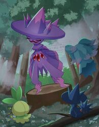 absurdres closed_eyes commentary_request creatures_(company) flower fog forest game_freak gen_2_pokemon gen_4_pokemon gen_5_pokemon grass highres misdreavus mismagius murkrow nakaraso_(xtns3483) nature nintendo no_humans outdoors petilil pokemon pokemon_(creature) smile tree tree_stump