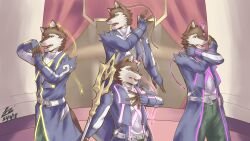 1boy absurdres animal_ears audio_jack blazeking-01 blue_jacket brown_fur commentary dancing dated derivative_work dog_boy dog_ears dog_nose dog_tail english_commentary fangs fingerless_gloves fire_emblem fire_emblem_fates fire_emblem_heroes furry furry_male gloves highres holding holding_polearm holding_weapon jacket looking_at_viewer looking_to_the_side male_focus multiple_views music nintendo open_mouth polearm rouon_aro signature singing tail utau weapon
