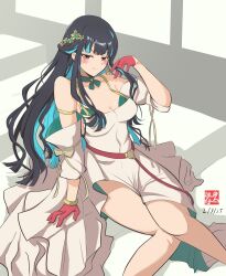 Rule 34 | 1girl, absurdres, armlet, bare shoulders, black hair, blue hair, blush, bracelet, breasts, choker, cleavage, colored inner hair, commentary, dress, eyeliner, fate/grand order, fate (series), gloves, grey eyes, highres, jewelry, long hair, looking at viewer, makeup, medium breasts, multicolored hair, off shoulder, red gloves, sidelocks, smile, solo, tenochtitlan (fate), tenochtitlan (fgo fes. 2025) (fate), tetsu no samurai, thighs, white dress