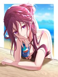 1girl bare_shoulders bikini black_bikini braid brand_name_imitation breasts can cleavage collarbone commentary drink_can english_commentary front_braid hair_between_eyes head_rest highres holding holding_can honkai:_star_rail honkai_(series) kafka_(honkai:_star_rail) large_breasts leaning_on_object long_hair looking_at_viewer nail_polish nyeppu ocean outline pepsi purple_eyes purple_hair purple_nails red_pupils smile soda_can solo swimsuit table twitter_username upper_body white_outline wooden_table