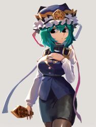 1girl black_eyes black_skirt blue_vest brown_pantyhose cowboy_shot frilled_hat frills green_hair grey_background hand_on_own_chest hat highres holding iganashi1 juliet_sleeves long_hair long_sleeves looking_at_viewer miniskirt pantyhose pencil_skirt puffy_sleeves rod_of_remorse shiki_eiki shirt simple_background skirt solo touhou vest white_shirt