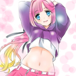 1girl anyoji_hime anyoji_hime_(summer_training_wear) arms_up belt black_ribbon blonde_hair blue_eyes blunt_bangs blush breasts commentary_request crop_top crop_top_overhang cropped_hoodie gradient_hair hair_ribbon hood hoodie linea_alba link!_like!_love_live! long_belt long_hair looking_to_the_side love_live! medium_breasts midriff multicolored_hair navel official_alternate_costume open_mouth pink_background pink_hair pink_shorts ponytail purple_hoodie revision ribbon shinanoya_(satanicad) shirt shorts sidelocks sideways_glance simple_background smile solo swept_bangs upper_body very_long_hair virtual_youtuber white_background white_belt white_shirt