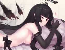 Rule 34 | 1girl, areola slip, arknights, black eyes, black gloves, black hair, black halo, black wings, breasts, commentary request, detached wings, elbow gloves, gloves, hair censor, halo, highres, lying, medium breasts, naked gloves, on bed, on stomach, pillow, pillow grab, sicsic49, smile, solo, virtuosa (arknights), wings