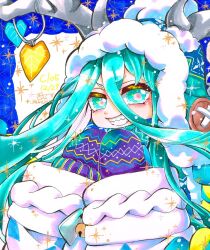 1girl antlers antlers_through_headwear aqua_eyes aqua_hair ariabosu beanie blue_hat blue_scarf commentary_request dated earflap_beanie fate/grand_order fate_(series) grin hat highres horns long_hair louhi_(fate) louhi_(second_ascension)_(fate) marker_(medium) mittens pom_pom_(clothes) pom_pom_beanie purple_mittens scarf sharp_teeth signature smile solo teeth traditional_media upper_body winter_clothes
