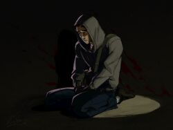 Rule 34 | 1boy, bag, black background, black gloves, cry of fear, full body, gloves, grey hoodie, hands on lap, highres, hood, hood up, hoodie, male focus, neo jpeg, on ground, partially shaded face, seiza, shoulder bag, simon henriksson, sitting, solo, spotlight