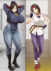 1girl abs before_and_after blue_leotard blue_lips bodypaint boots braid breasts brown_eyes brown_hair corruption dark_persona garrison_cap gloves hat headband highleg highleg_leotard highres huge_breasts leotard long_hair looking_at_viewer medium_breasts mind_control muscular muscular_female necktie osuwaani pantyhose red_gloves red_headband ribbed_leotard shadaloo_dolls shoes short_hair single_braid sleeved_leotard smile sneakers spandex street_fighter street_fighter_zero_(series) the_king_of_fighters thong_leotard yellow_necktie yuri_sakazaki