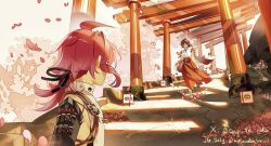 1boy 1girl animal_ears architecture bag black_hairband brown_hair character_request cherry_blossoms east_asian_architecture falling_petals genshin_impact hairband highres holding japanese_clothes kimono long_hair long_sleeves looking_at_viewer miko multiple_torii obi outdoors petals pink_hair ponytail red_hair sash shikanoin_heizou shoes short_hair smile soup_to_niku standing torii