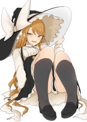 1girl ass black_hat black_nails black_skirt blonde_hair breasts green_eyes hat highres kirisame_marisa long_hair looking_at_viewer medium_breasts necro_(nekurodayo) oversized_hat shirt sitting skirt smug solo thighs touhou very_long_hair white_background white_footwear white_shirt witch_hat