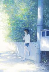 1girl black_hair black_sandals black_shorts braid cellphone commentary day fjsmu highres holding holding_phone long_hair original outdoors phone sandals shade shadow shirt shorts smartphone solo standing standing_on_one_leg sunlight t-shirt tree utility_pole white_shirt wide_shot