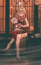 1girl absurdres ahoge architecture black_dress black_shoes blonde_hair breasts closed_mouth commentary crossed_legs cutout_above_navel dress east_asian_architecture eyewear_on_head full_body hand_fan headgear high_heels highres holding holding_fan indoors large_breasts light_smile looking_at_viewer purple_eyes setora_q shoes short_hair sitting solo sunglasses sweety_(zenless_zone_zero) symbol-only_commentary thighs tinted_eyewear tuanshan yellow-tinted_eyewear zenless_zone_zero