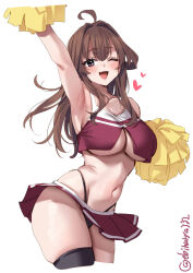 1girl ahoge arm_up armpits artist_name black_panties black_thighhighs blush breasts brown_hair collarbone commentary_request crop_top cropped_legs ebifurya fang floating_hair hair_between_eyes hair_intakes heart highleg highleg_panties highres holding holding_pom_poms kantai_collection kongou_(kancolle) large_breasts long_hair looking_at_viewer navel one-hour_drawing_challenge one_eye_closed open_mouth panties pleated_skirt pom_pom_(cheerleading) pom_poms purple_eyes red_skirt sidelocks simple_background skirt smile solo thighhighs thighs twisted_torso twitter_username underboob underwear white_background