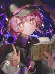 1girl black_cape book braid braided_ponytail cape eyelashes hands_up hat heikokuru1224 highres holding holding_book long_hair magic peaked_cap pink_eyes pink_hair semba_tsuruko shirt smile solo sparkle sparkling_eyes tribe_nine twitter_username upper_body very_long_hair white_shirt