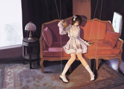 Rule 34 | 1boy, absurdres, alternate costume, arm at side, black eyes, black hair, blank eyes, bow, carpet, clenched hand, closed mouth, couch, crossdressing, curtains, dress, dterl, expressionless, frilled dress, frilled skirt, frilled sleeves, frills, full body, genshin impact, hair bow, hand up, highres, holding, holding kettle, kettle, knees together feet apart, lamp, long sleeves, loose socks, male focus, on couch, open hand, pigeon-toed, pillow, puppet strings, scaramouche (genshin impact), shadow, shoelaces, shoes, sitting, skirt, socks, solo, string, trap, white bow, white dress, white shoes, white skirt, white sleeves, white socks