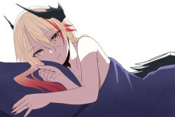 1girl absurdres bed canvas_sensei dragon_girl dragon_horns dragon_tail highres horns kokuyou_lira light_brown_hair long_hair looking_at_viewer mole mole_under_eye multicolored_hair nail_polish nude red_hair red_nails salamander simple_background slit_pupils smile solo tail vee_(vtuber) virtual_youtuber yellow_eyes