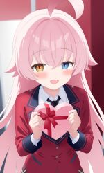 1girl :d absurdres ahoge alternate_costume backlighting black_necktie blue_archive blue_eyes blurry blurry_background blush bow box buttons collared_shirt commentary crat2222 english_commentary fang gift hair_between_eyes hands_up happy heart-shaped_box heterochromia highres holding holding_gift hoshino_(blue_archive) huge_ahoge jacket long_hair long_sleeves looking_at_viewer necktie open_mouth pink_hair red_bow red_jacket school_uniform shirt smile solo straight_hair upper_body valentine very_long_hair white_shirt yellow_eyes