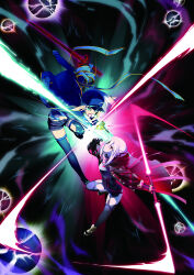 2girls artoria_pendragon_(fate) baseball_cap battle blonde_hair commentary_request dango double_blade dual_wielding energy_sword eye_contact fate/grand_order fate_(series) food full_body green_eyes hat highres holding holding_sword holding_weapon jacket looking_at_another mouth_hold multiple_girls mysterious_heroine_x_(fate) mysterious_heroine_x_alter_(fate) namonashi sanshoku_dango short_shorts shorts sword thighhighs wagashi weapon white_hair