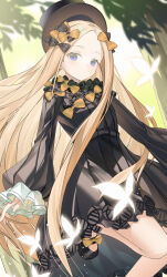 1girl abigail_williams_(fate) absurdres black_bow black_dress black_hat blonde_hair blue_eyes blush bow breasts bug butterfly dress fate/grand_order fate_(series) forehead hair_bow hat highres insect long_hair long_sleeves looking_at_viewer miyu10366 orange_bow parted_bangs ribbed_dress sleeves_past_fingers sleeves_past_wrists small_breasts solo