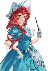 Rule 34 | 1girl, absurdres, barcarola (reverse:1999), belt, blue dress, blue eyes, blue hair, bow, braid, braided sidelock, conductor baton, dress, gloves, hair bow, hat, highres, holding, holding wand, long hair, looking at viewer, meiyou lizhi, multicolored hair, musical note, orange hair, red hair, reverse:1999, shako cap, short sleeves, simple background, smile, solo, streaked hair, wand, white background, white gloves