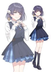 Rule 34 | 1girl, absurdres, black overskirt, black shoes, black socks, black vest, blue hair, blue ribbon, closed mouth, commentary request, flower, gakuen idolmaster, go-1, grey eyes, hair flower, hair ornament, hands up, hataya misuzu, hatsuboshi gakuen school uniform, highres, idolmaster, kneehighs, loafers, long sleeves, looking at viewer, mole, mole under mouth, neck ribbon, pleated skirt, ribbon, school uniform, shirt, shoes, short hair, simple background, skirt, skirt set, smile, socks, standing, steepled fingers, vest, white background, white flower, white shirt, zoom layer