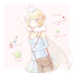 1girl alchemist_(ragnarok_online) animal animal_on_head bird bird_on_head blonde_hair blue_bird blue_dress blue_eyes blue_gloves blush bow breasts cake cake_slice candy cape clover commentary_request cowboy_shot dress elbow_gloves filir_(ragnarok_online) fingerless_gloves food four-leaf_clover fur_collar gloves hair_bow lollipop looking_at_viewer lowres mimi_(caramel-candy) mouth_hold on_head pink_background pink_bow pink_cape potion ragnarok_online short_hair sleeveless sleeveless_dress small_breasts solo swirl_lollipop translation_request two-tone_background