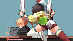 2girls asymmetrical_legwear backwards_hat baseball_cap black_hair blush_stickers commentary dog english_commentary from_behind green_eyes hair_ornament hat hololive indie_virtual_youtuber japanese_flag judge long_sleeves mismatched_legwear multiple_girls oozora_subaru oozora_subaru_(1st_costume) pedobear pom_pom_(clothes) pom_pom_hair_ornament red_thighhighs shigure_ui_(vtuber) shigure_ui_(vtuber)_(young) shirt short_hair short_shorts shorts solo striped_clothes striped_shirt sydus thighhighs tomboy twintails vertical-striped_clothes vertical-striped_shirt virtual_youtuber white_shorts white_thighhighs yellow_shirt
