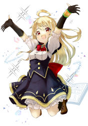 1girl absurdres ahoge arms_up black_gloves black_skirt blonde_hair boots bow bowtie brooch brown_boots elbow_gloves frilled_skirt frills full_body gloves gold_trim hair_between_eyes highres jewelry jumping lace-up_boots layered_skirt long_hair looking_at_viewer manga_(object) orange_eyes original partially_fingerless_gloves puffy_short_sleeves puffy_sleeves red_bow red_bowtie short_sleeves simple_background skirt solo sparkle_background waist_bow white_background yunekoko
