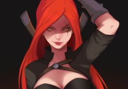 1girl artist_request commentary_request dagger gloves green_eyes holding katarina_(league_of_legends) knife league_of_legends lips long_hair looking_at_viewer non-web_source red_hair scar scar_across_eye scar_on_face smile solo source_request weapon