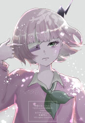 Rule 34 | 1girl, absurdres, awanagiee, bandaged head, bandages, black horns, blonde hair, blunt bangs, cellphone, collared shirt, crying, crying with eyes open, eyepatch, finger gun, finger gun to head, green eyes, green neckerchief, highres, horns, long sleeves, neckerchief, phone, phone eyepatch, pink sweater, puffy sleeves, ruru (shinsei kamattechan), sad, shinsei kamattechan, shirt, short hair, single horn, streaming tears, sweater, tears, white shirt