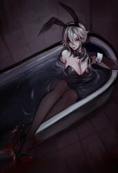 1girl animal_ears arlecchino_(genshin_impact) bath black_bow blood blood_on_feet bow breasts fake_animal_ears genshin_impact high_heels highres large_breasts leotard looking_at_viewer lying nawkumi on_back pantyhose playboy_bunny tattoo tile_floor tile_wall tiles water white_hair