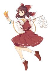 Rule 34 | 1girl, between fingers, bow, brown eyes, brown hair, collar, commentary request, detached sleeves, frilled bow, frilled hair tubes, frills, from side, full body, gohei, hair bow, hair tubes, hakurei reimu, heasil, highres, holding, holding gohei, light frown, looking back, medium hair, ofuda, ofuda between fingers, red bow, red shirt, red shoes, red skirt, sarashi, shirt, shoes, simple background, skirt, socks, solo, touhou, white background, white collar, white sleeves, white socks