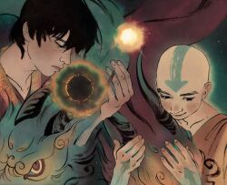 2boys aang arrow_(symbol) arrow_tattoo avatar:_the_last_airbender avatar_legends bald black_hair closed_mouth commentary dragon eastern_dragon english_commentary glowing highres holding looking_down male_focus multiple_boys scar smile tattoo upper_body vinsenta zuko