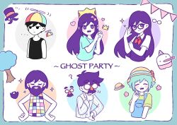 ... 2girls 4boys ? aubrey_(headspace)_(omori) aubrey_(omori) basil_(headspace)_(omori) basil_(omori) beard bespectacled black_eyes black_hair black_tank_top blue_overalls blue_shirt bow bra_strap bright_pupils closed_eyes closed_mouth collared_shirt colored_skin facial_hair glasses glasses_ghost_(omori) green_hair green_shirt groucho_glasses hair_bow hat heart hero_(headspace)_(omori) hero_(omori) imo_mo_0 jash_(omori) kel_(headspace)_(omori) kel_(omori) long_hair long_sleeves looking_at_viewer mari_(headspace)_(omori) mari_(omori) multiple_boys multiple_girls mustache_ghost_(omori) neckerchief omori omori_(omori) overalls pajamas pink_bow princess_ghost_(omori) propeller_ghost_(omori) propeller_hat purple-framed_eyewear purple_eyes purple_hair purple_sweater_vest red_neckerchief round_eyewear shirt short_hair short_sleeves sun_hat sunhat_ghost_(omori) sweater_vest t-shirt tank_top teeth tophat_ghost_(omori) tree upper_teeth_only white_pupils white_shirt white_skin