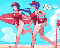 barefoot beach blue_hair blue_sky breasts brown_eyes cloud competition_swimsuit day first_aid_kit hair_bun hat highleg highleg_one-piece_swimsuit highres horizon ichi_k_y idolmaster idolmaster_million_live! kitakami_reika large_breasts lifeguard long_hair low_twintails ocean one-piece_swimsuit outdoors red_hat red_one-piece_swimsuit short_hair sky surfboard swimsuit toyokawa_fuka twintails visor_cap whistle whistle_around_neck