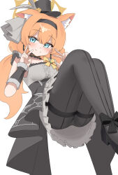 Rule 34 | 1girl, absurdres, animal ear fluff, animal ears, black choker, black hairband, black hat, black pantyhose, black skirt, blue archive, blue eyes, blush, cat ears, cat girl, choker, d (delt4), double v, earrings, extra ears, flower, grey shirt, hair between eyes, hair flower, hair ornament, hairband, hat, highres, jewelry, looking at viewer, low twintails, mari (blue archive), mari (idol) (blue archive), official alternate costume, orange hair, panties, panties under pantyhose, pantyhose, ribbon, shirt, skirt, solo, twintails, underwear, v, white flower, wrist cuffs, yellow ribbon