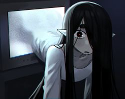Rule 34 | 1girl, black eyes, black hair, collarbone, dress, hair over one eye, highres, indoors, justadrian (yoadriandk), licorice (justadrian), long hair, looking at viewer, monitor, open mouth, original, pointy ears, red eyes, solo, television, through medium, through screen, white dress