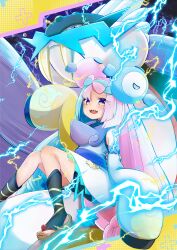 Rule 34 | absurdres, highres, iono (pokemon), iono (sygna suit) (pokemon), multicolored hair, nintendo, official alternate costume, open mouth, pokemon, pokemon (creature), pokemon masters ex, poyoxis, raging bolt, sharp teeth, teeth, two-tone hair