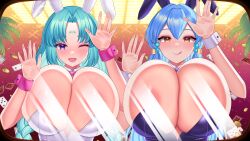 2girls against_glass animal_ears areola_slip blue_hair blush bow bowtie braid breasts canal_vorfeed car card cardfight!!_vanguard casino cleavage closed_mouth coin dimension252525 facial_mark forehead_mark gillian_chen gold_coin green_hair highres huge_breasts leotard limousine long_hair looking_at_viewer lost_universe makeup multiple_girls nipples one_eye_closed open_mouth pink_bow pink_bowtie playboy_bunny playing_card purple_bow purple_bowtie purple_eyes rabbit_ears self-upload shiny_skin tongue tongue_out twin_braids upper_body very_long_hair white_leotard window wrist_cuffs yellow_eyes